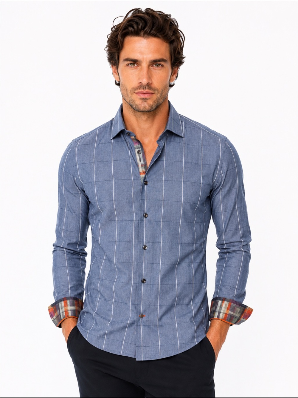 Men's Blue Windowpane Button-Down Shirt